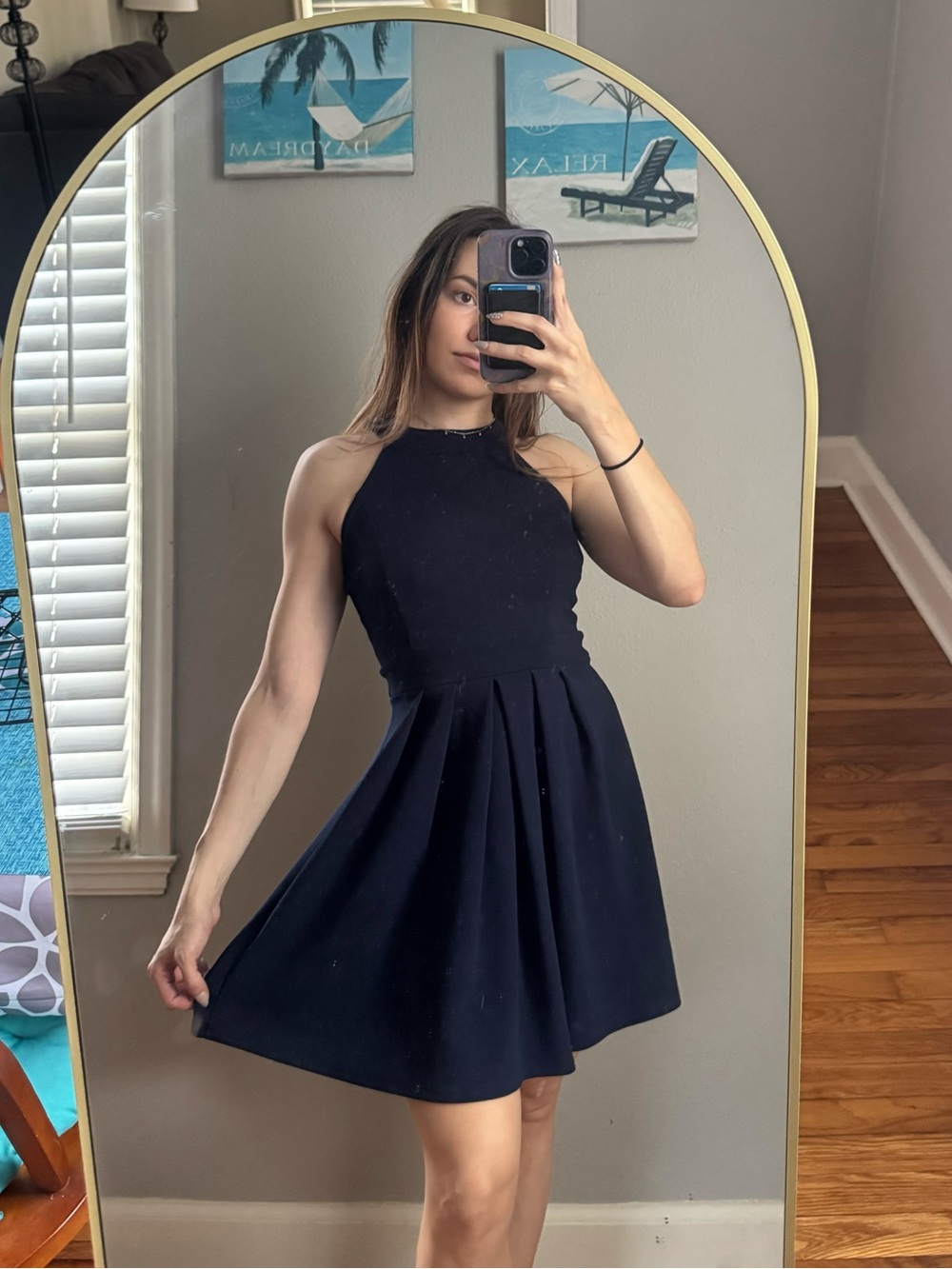 Sleeveless Navy Fit-and-Flare Dresses with Bow
